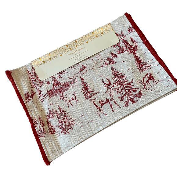 4pc Cynthia Rowley Winter Forest Christmas Placemats 13x19 Holiday Red Sparkle - Picture 4 of 12